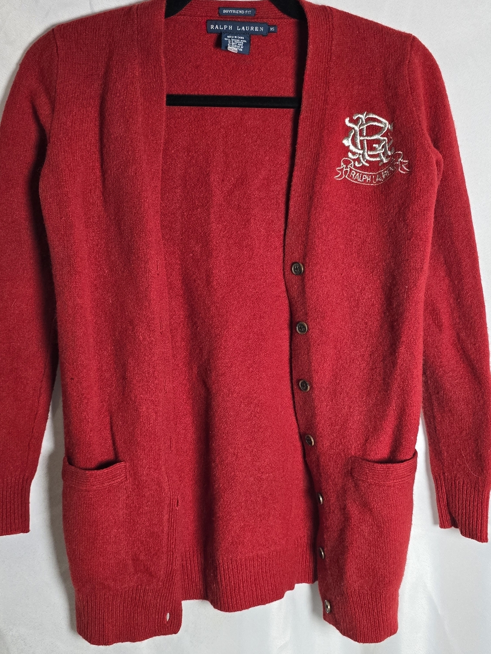 Ralph Lauren Boyfriend Fit Silver Monogram Red Button-Front Cardigan Sweater, XS - Picture 4 of 8